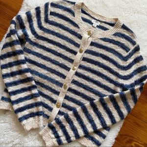 J. Crew Striped Slub Cardigan Sweater Blue Oatmeal Gold Creat Button Medium